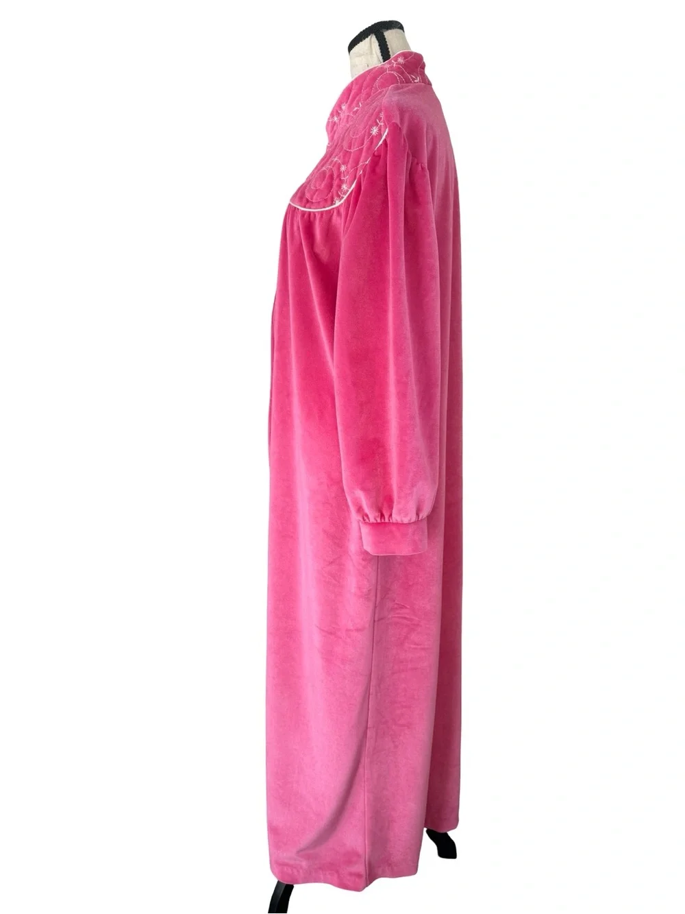 Vintage Vandemere Pink Velour Robe Housecoat Embroidered Maxi Zip Front Large